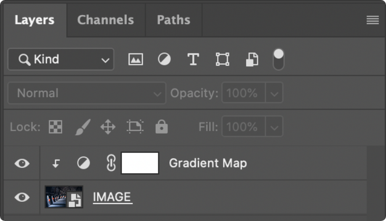 A gradient map above the image layer in Adobe Photoshop